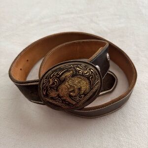 Vintage Black Leather Belt with Gold & Black Toned Bull Rider Belt Buckle